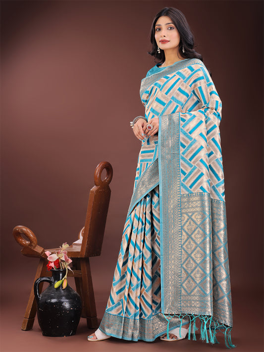 Astita Elegant Sea Green & Cream Linen Saree with Geometric Design and Zari Border – Festive & Party Wear
