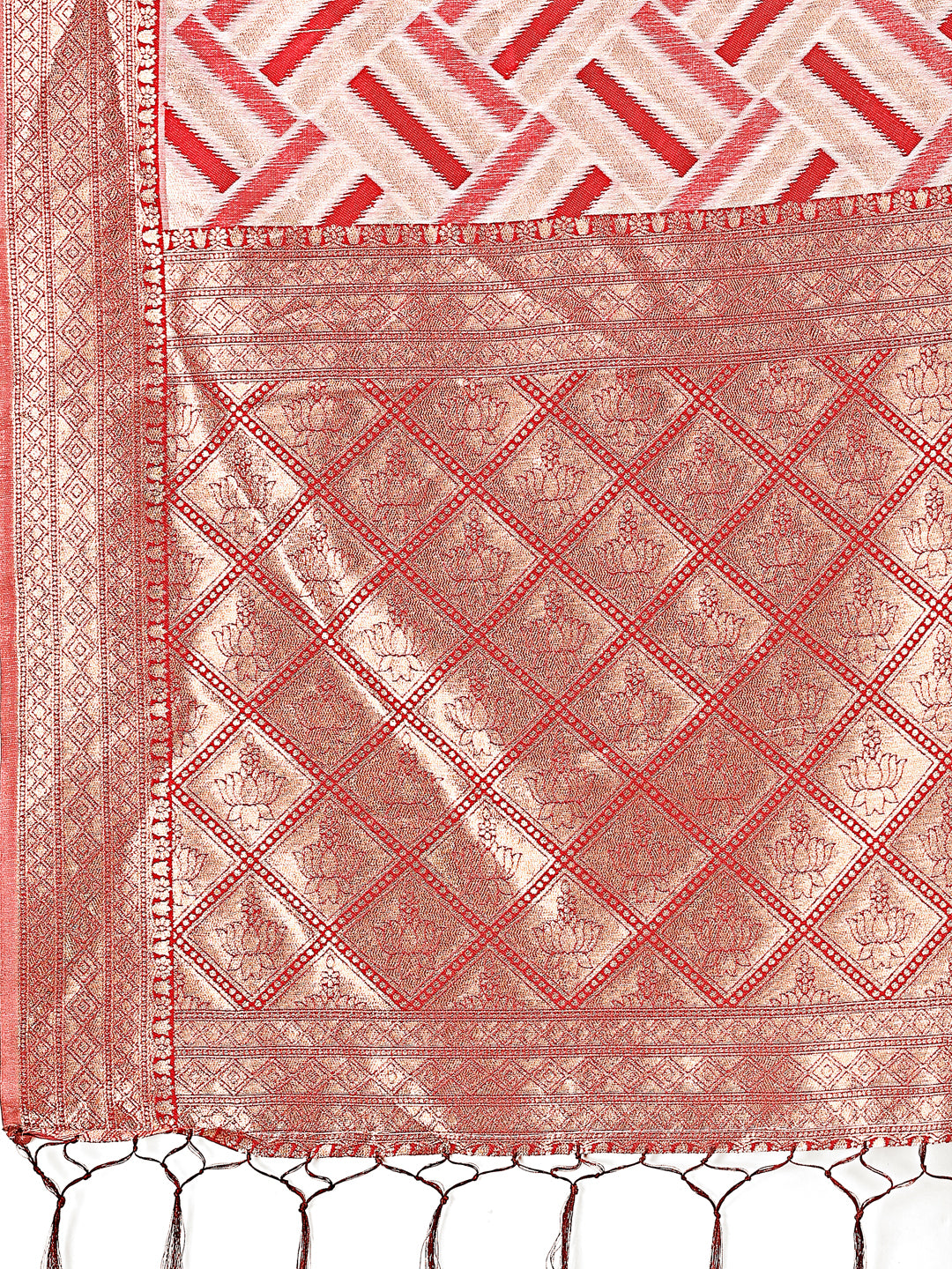 Astita Elegant Red & Cream Linen Saree with Geometric Design and Zari Border – Festive & Party Wear