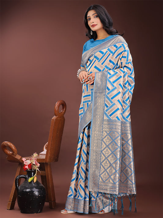 Astita Elegant Sky Blue & Cream Linen Saree with Geometric Design and Zari Border – Festive & Party Wear
