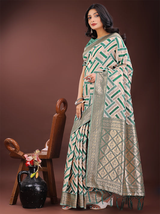 Astita Elegant Green & Cream Linen Saree with Geometric Design and Zari Border – Festive & Party Wear