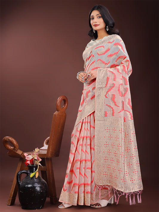 Astita Elegant Beige & Coral Linen Saree with Zari Border and Abstract Pattern – Premium Festive & Office Wear
