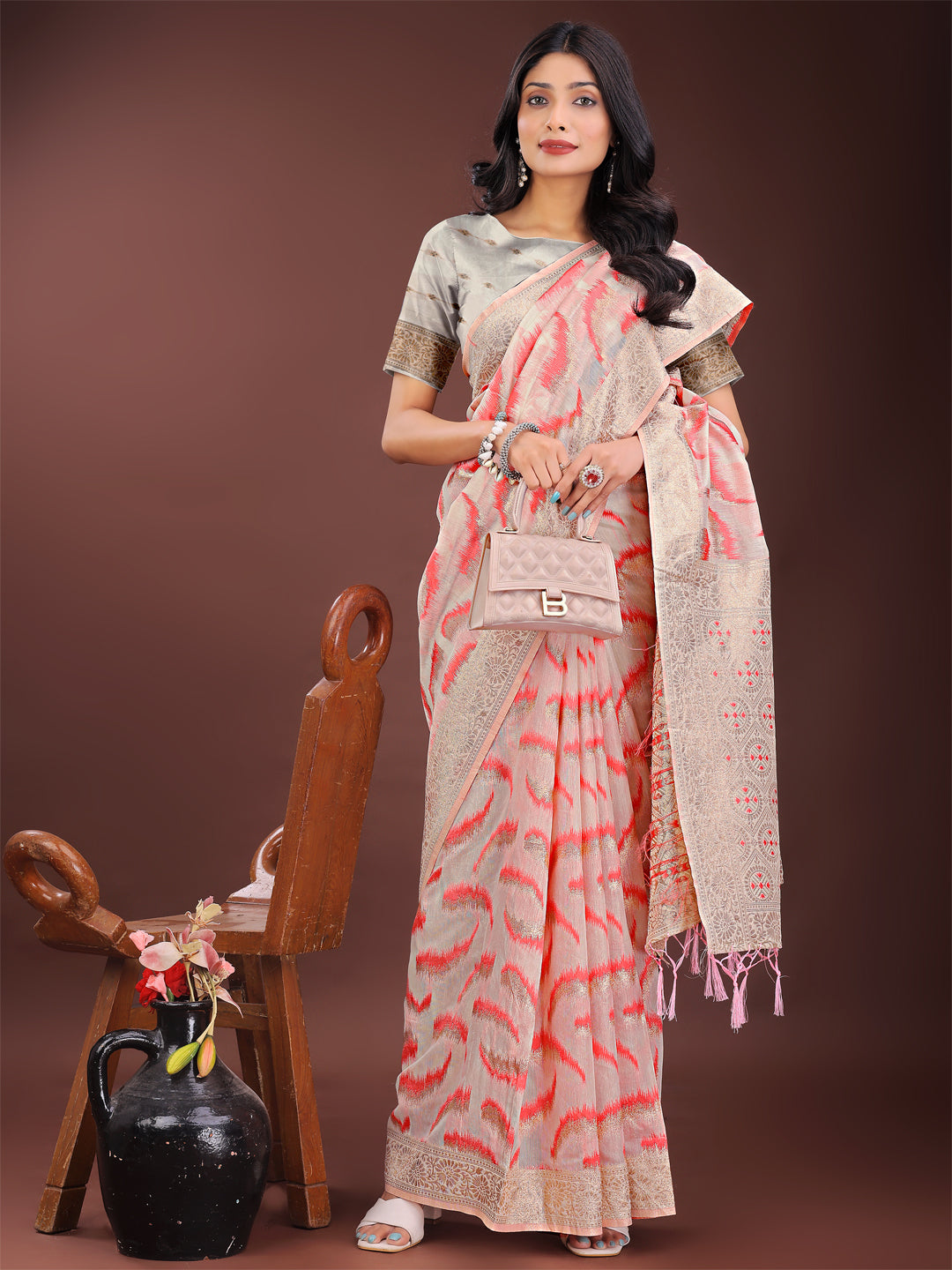 Astita Elegant Beige & Coral Linen Saree with Zari Border and Abstract Pattern – Premium Festive & Office Wear