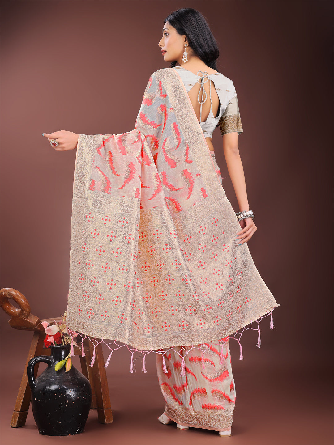 Astita Elegant Beige & Coral Linen Saree with Zari Border and Abstract Pattern – Premium Festive & Office Wear