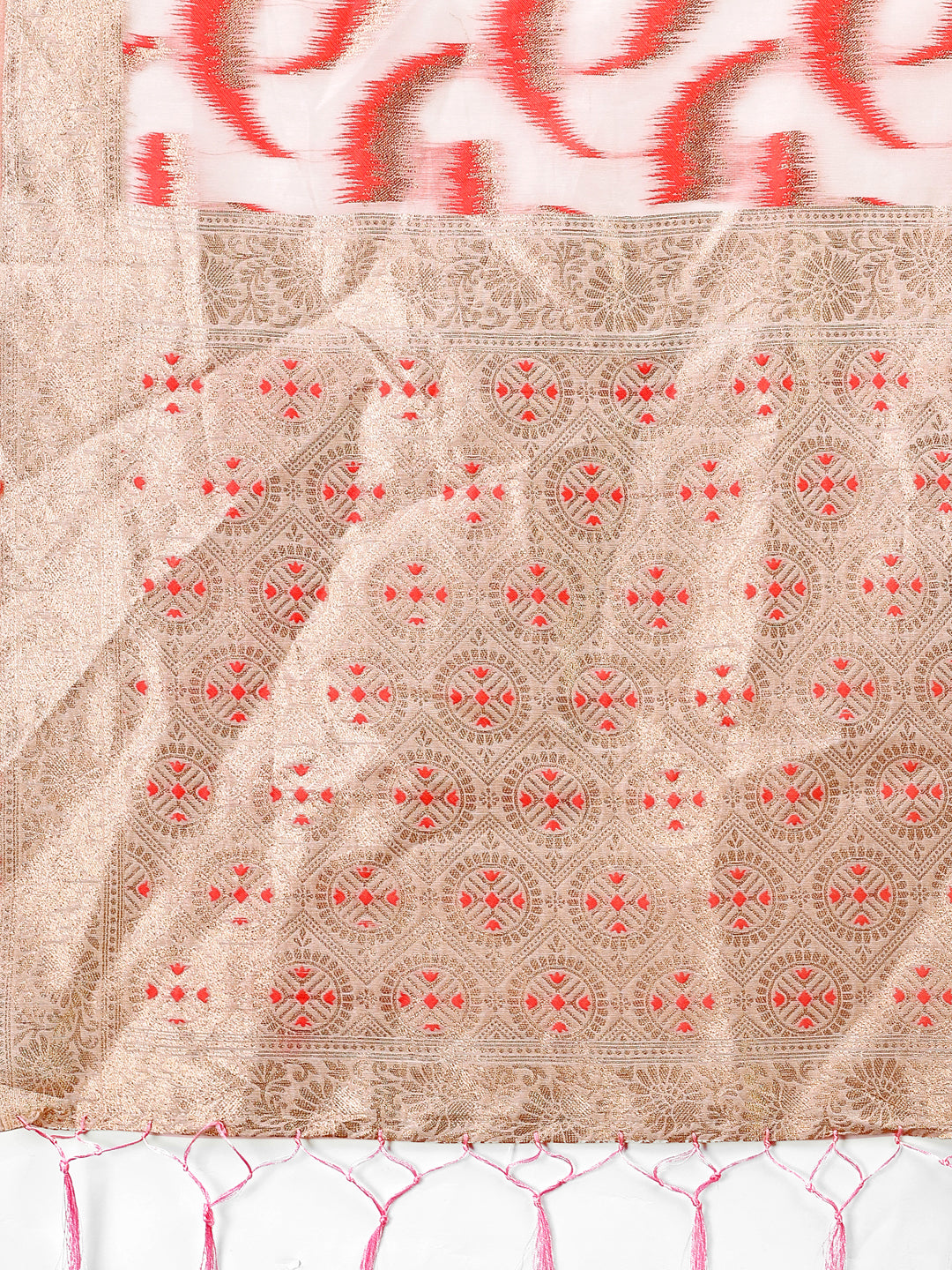 Astita Elegant Beige & Coral Linen Saree with Zari Border and Abstract Pattern – Premium Festive & Office Wear