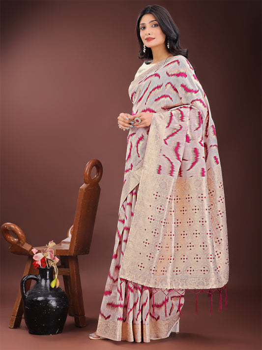 Astita Elegant Beige & Coral Linen Saree with Zari Border and Abstract Pattern – Premium Festive & Office Wear