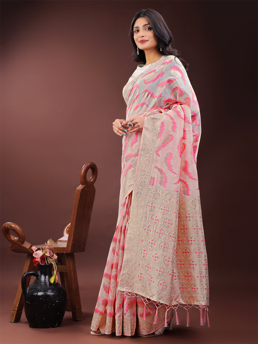 Astita Elegant Beige & Coral Linen Saree with Zari Border and Abstract Pattern – Premium Festive & Office Wear