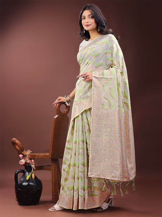 Astita Elegant Beige & Coral Linen Saree with Zari Border and Abstract Pattern – Premium Festive & Office Wear