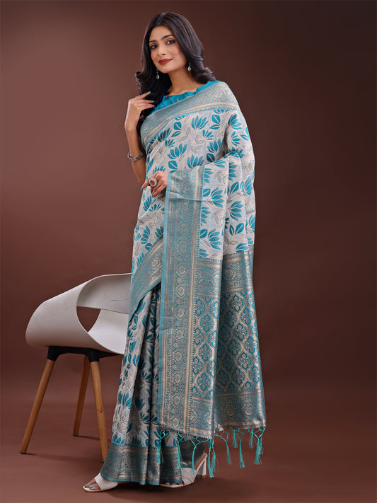 Stunning Beige & Sea Green Linen Saree with Floral Print and Rich Zari Pallu – Festive & Traditional Wear