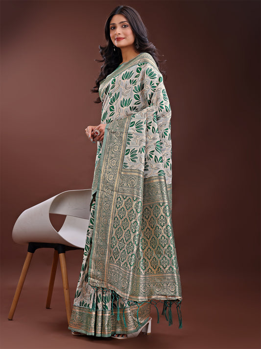 Stunning Beige & Green Linen Saree with Floral Print and Rich Zari Pallu – Festive & Traditional Wear