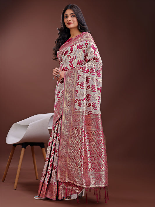 Stunning Beige & Purple Linen Saree with Floral Print and Rich Zari Pallu – Festive & Traditional Wear