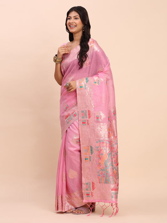 Astita Pink Linen Saree with Multicolor Weaving & Zari Pallu – Elegant & Lightweight for Everyday Grace