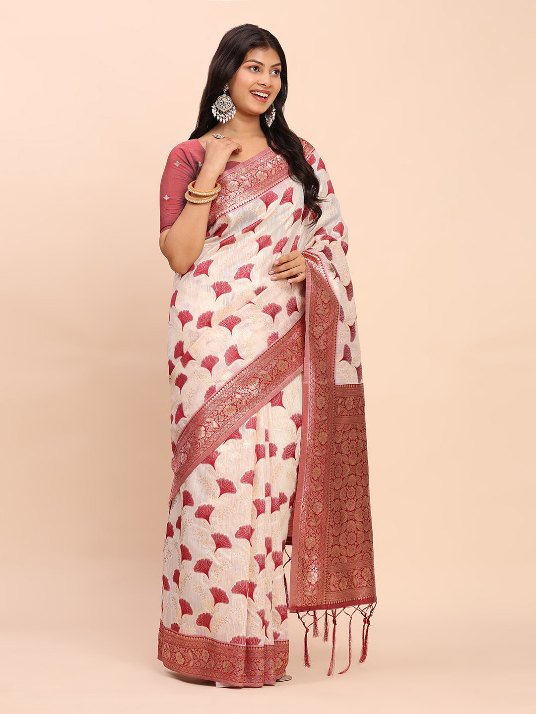 Astita Elegant Off-White & Maroon Linen Cotton Saree with Zari Woven Border and Pallu – Soft Lightweight Saree for Daily, Festive & Office Wear