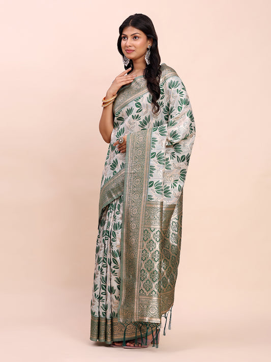 Astita Elegant Off-White & Green Linen Cotton Saree with Zari Woven Border and Pallu – Soft Lightweight Saree for Daily, Festive & Office Wear