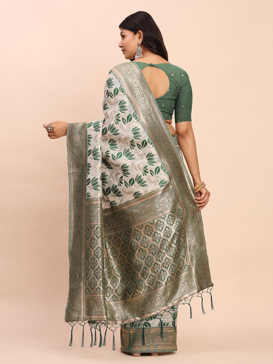 Astita Elegant Off-White & Green Linen Cotton Saree with Zari Woven Border and Pallu – Soft Lightweight Saree for Daily, Festive & Office Wear