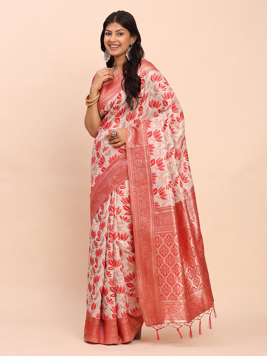 Astita Elegant Off-White & Red Linen Cotton Saree with Zari Woven Border and Pallu – Soft Lightweight Saree for Daily, Festive & Office Wear