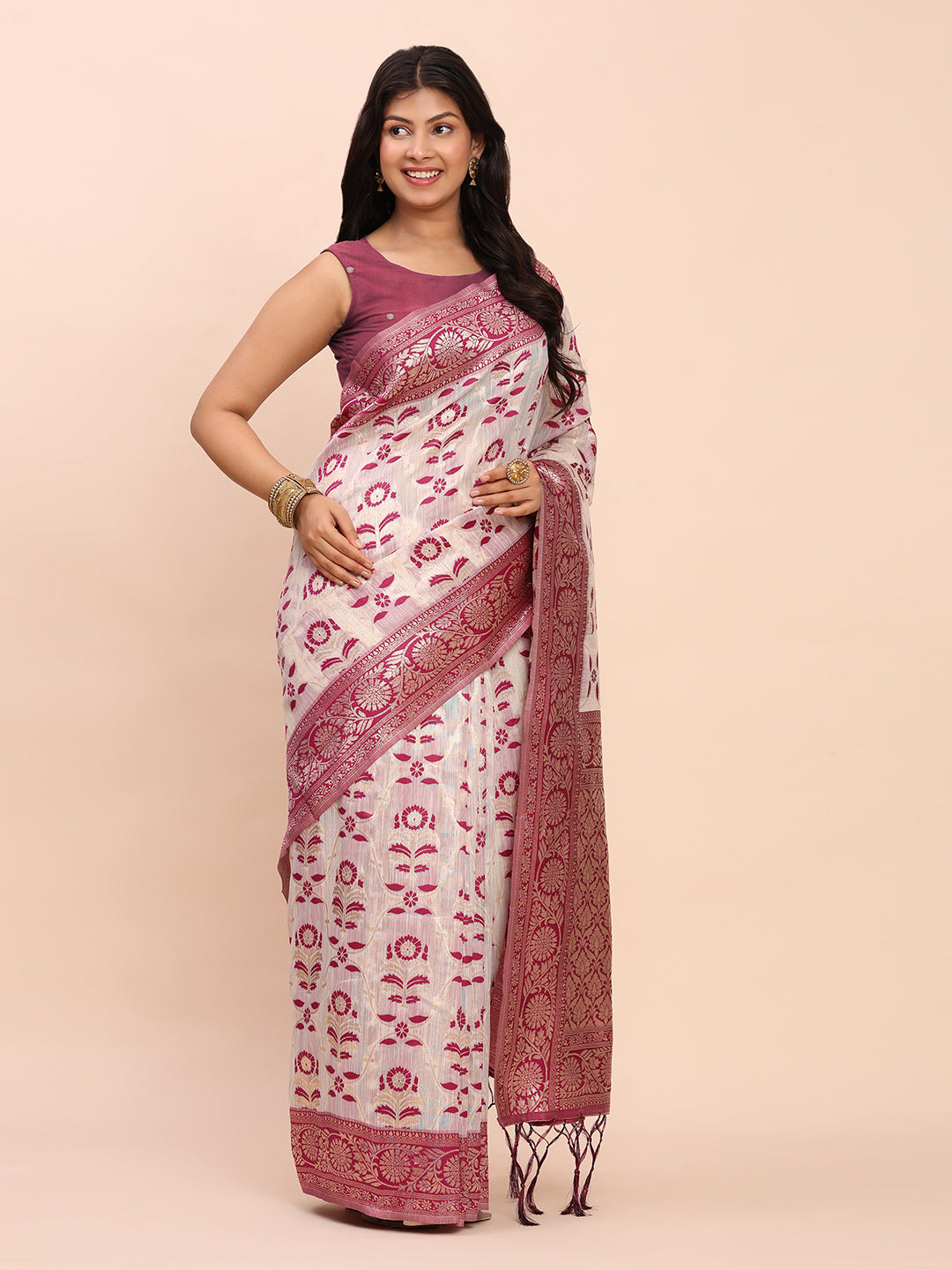 Astita Elegant Off-White & Purple Linen Cotton Saree with Zari Woven Border and Pallu – Soft Lightweight Saree for Daily, Festive & Office Wear