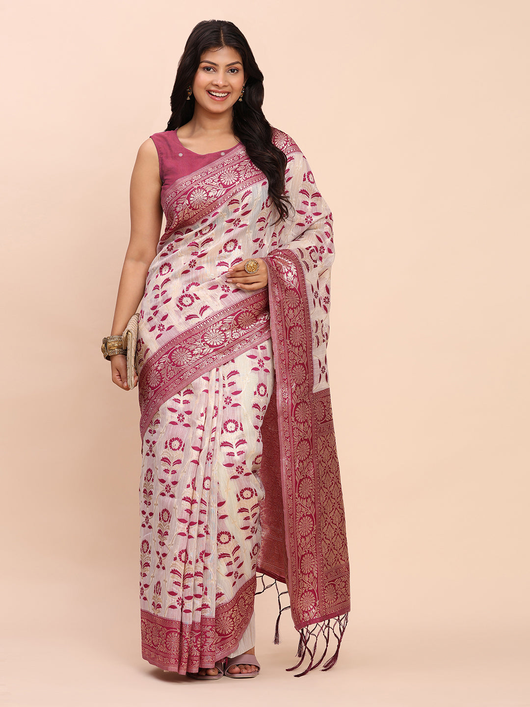Astita Elegant Off-White & Purple Linen Cotton Saree with Zari Woven Border and Pallu – Soft Lightweight Saree for Daily, Festive & Office Wear