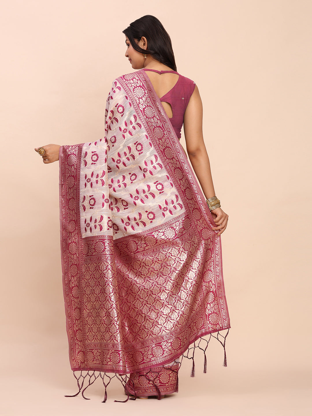 Astita Elegant Off-White & Purple Linen Cotton Saree with Zari Woven Border and Pallu – Soft Lightweight Saree for Daily, Festive & Office Wear