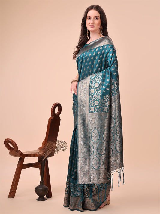 Astita Teal Blue Banarasi Silk Saree with Silver Zari Woven Pallu & Border – Wedding & Festive Wear Elegance