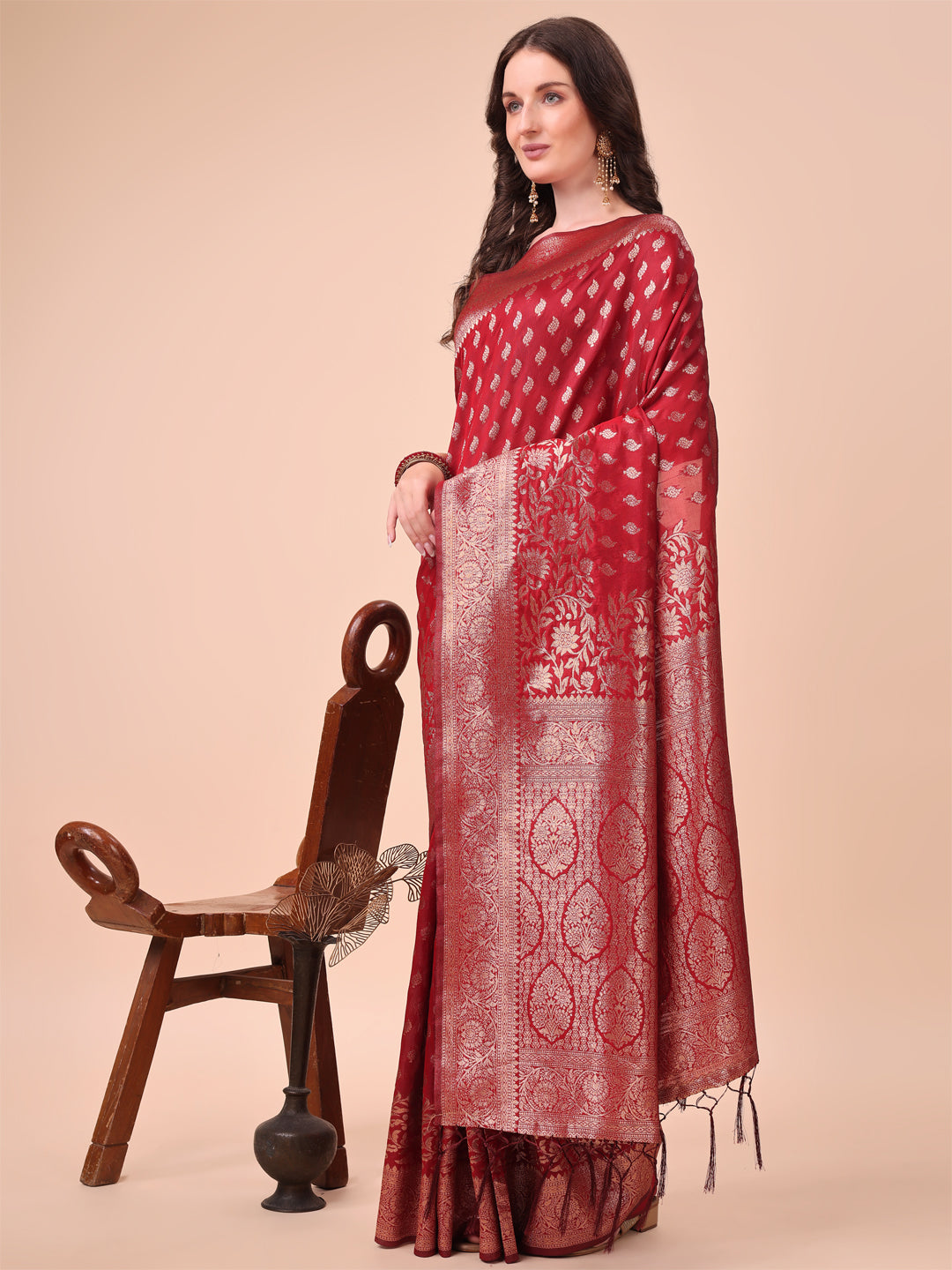 Astita Red Banarasi Silk Saree with Silver Zari Woven Pallu & Border โ Wedding & Festive Wear Elegance