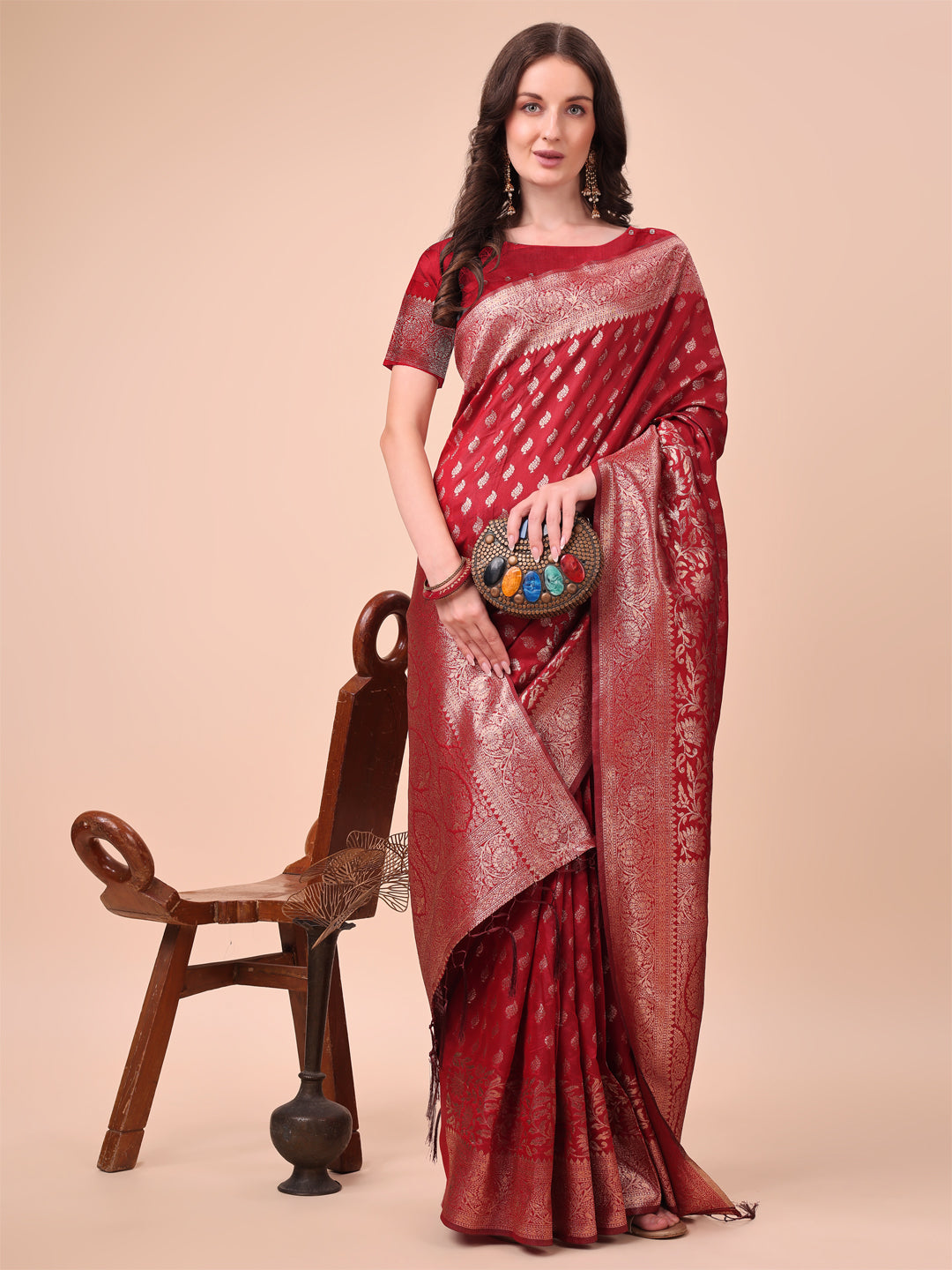 Astita Red Banarasi Silk Saree with Silver Zari Woven Pallu & Border โ Wedding & Festive Wear Elegance