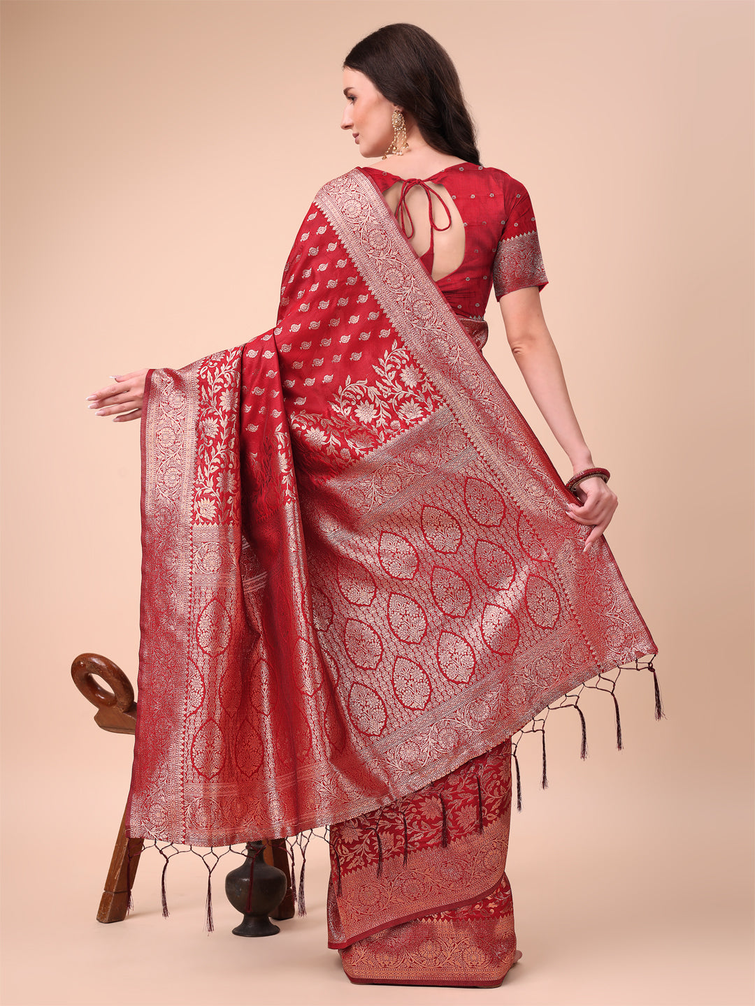 Astita Red Banarasi Silk Saree with Silver Zari Woven Pallu & Border โ Wedding & Festive Wear Elegance