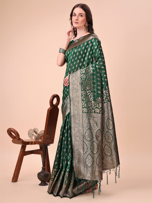 Astita Green Banarasi Silk Saree with Silver Zari Woven Pallu & Border – Wedding & Festive Wear Elegance