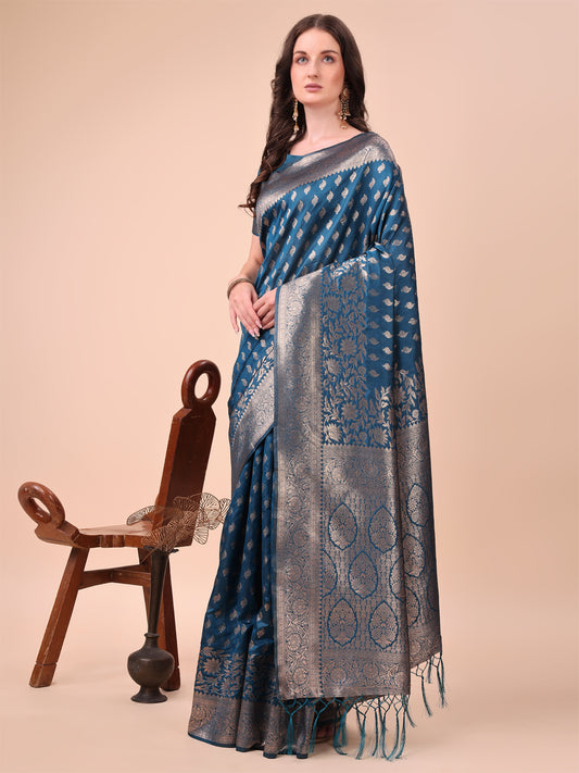 Astita Blue Banarasi Silk Saree with Silver Zari Woven Pallu & Border – Wedding & Festive Wear Elegance