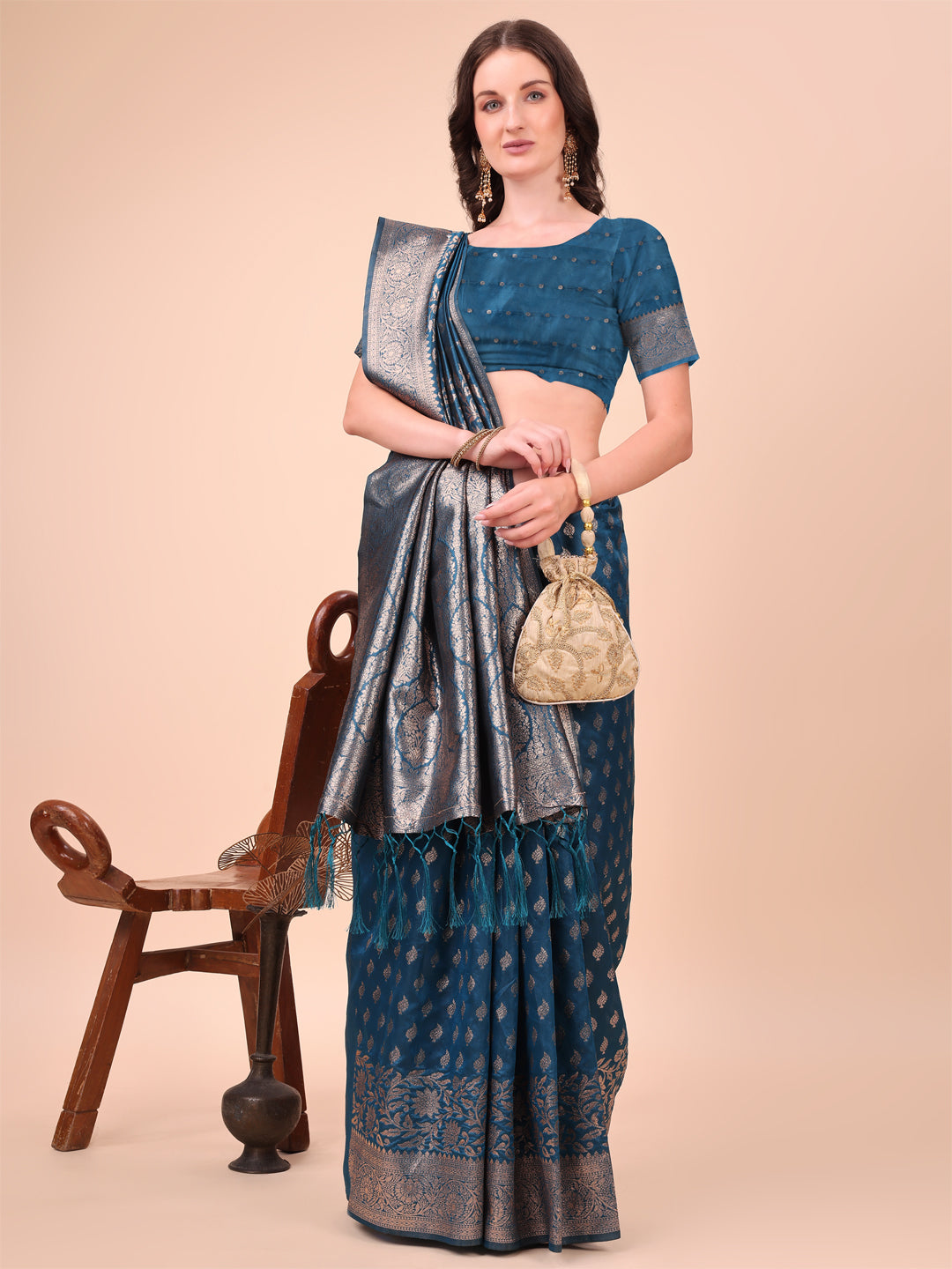 Astita Blue Banarasi Silk Saree with Silver Zari Woven Pallu & Border โ Wedding & Festive Wear Elegance