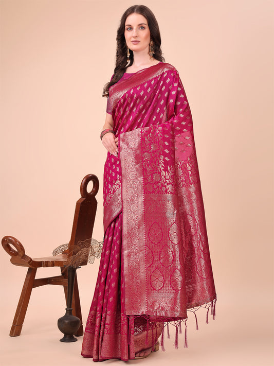 Astita Magenta Banarasi Silk Saree with Silver Zari Woven Pallu & Border – Wedding & Festive Wear Elegance
