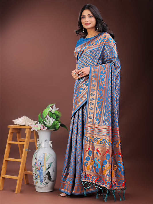 Astita Vibrant Copper & Blue Banarasi Silk Saree with Colorful Pallu – Perfect Blend of Tradition and Festive Elegance