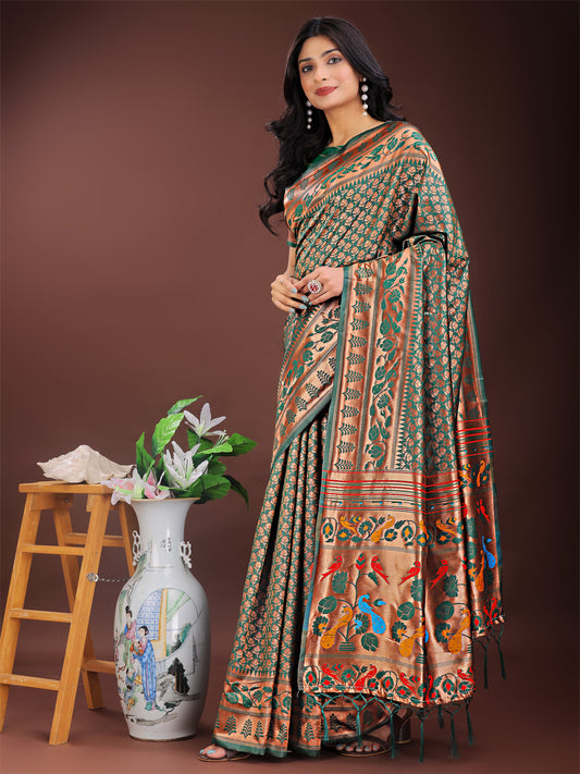Astita Vibrant Copper & Green Banarasi Silk Saree with Colorful Pallu – Perfect Blend of Tradition and Festive Elegance