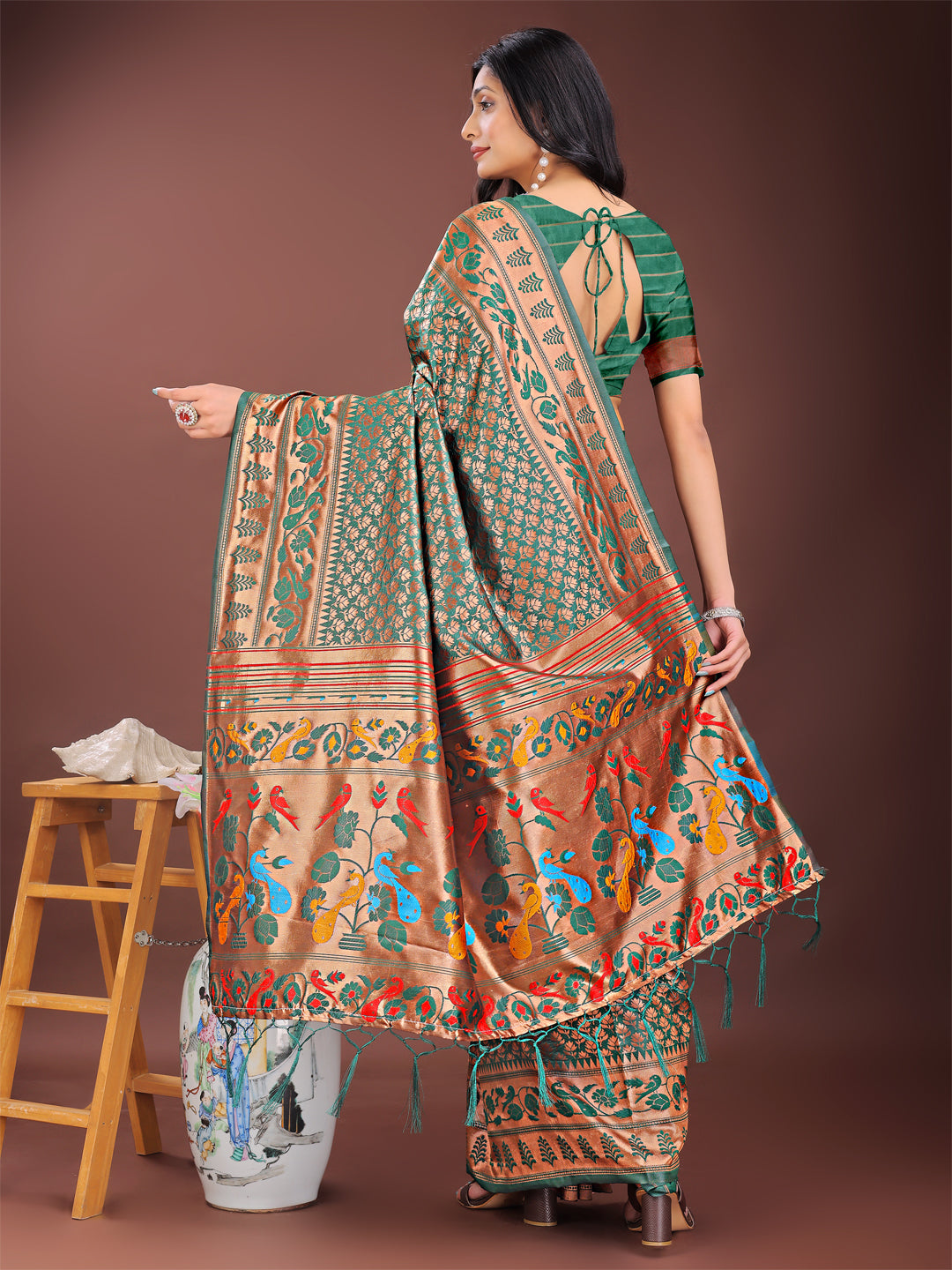 Astita Vibrant Copper & Green Banarasi Silk Saree with Colorful Pallu – Perfect Blend of Tradition and Festive Elegance