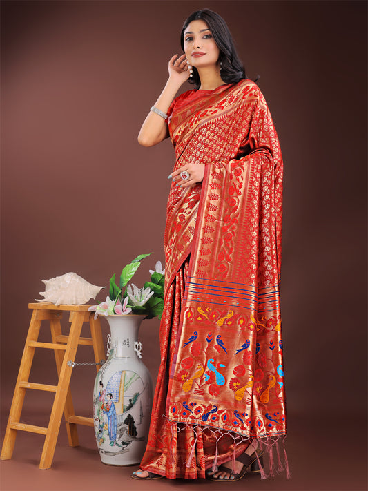 Astita Vibrant Copper & Red Banarasi Silk Saree with Colorful Pallu – Perfect Blend of Tradition and Festive Elegance