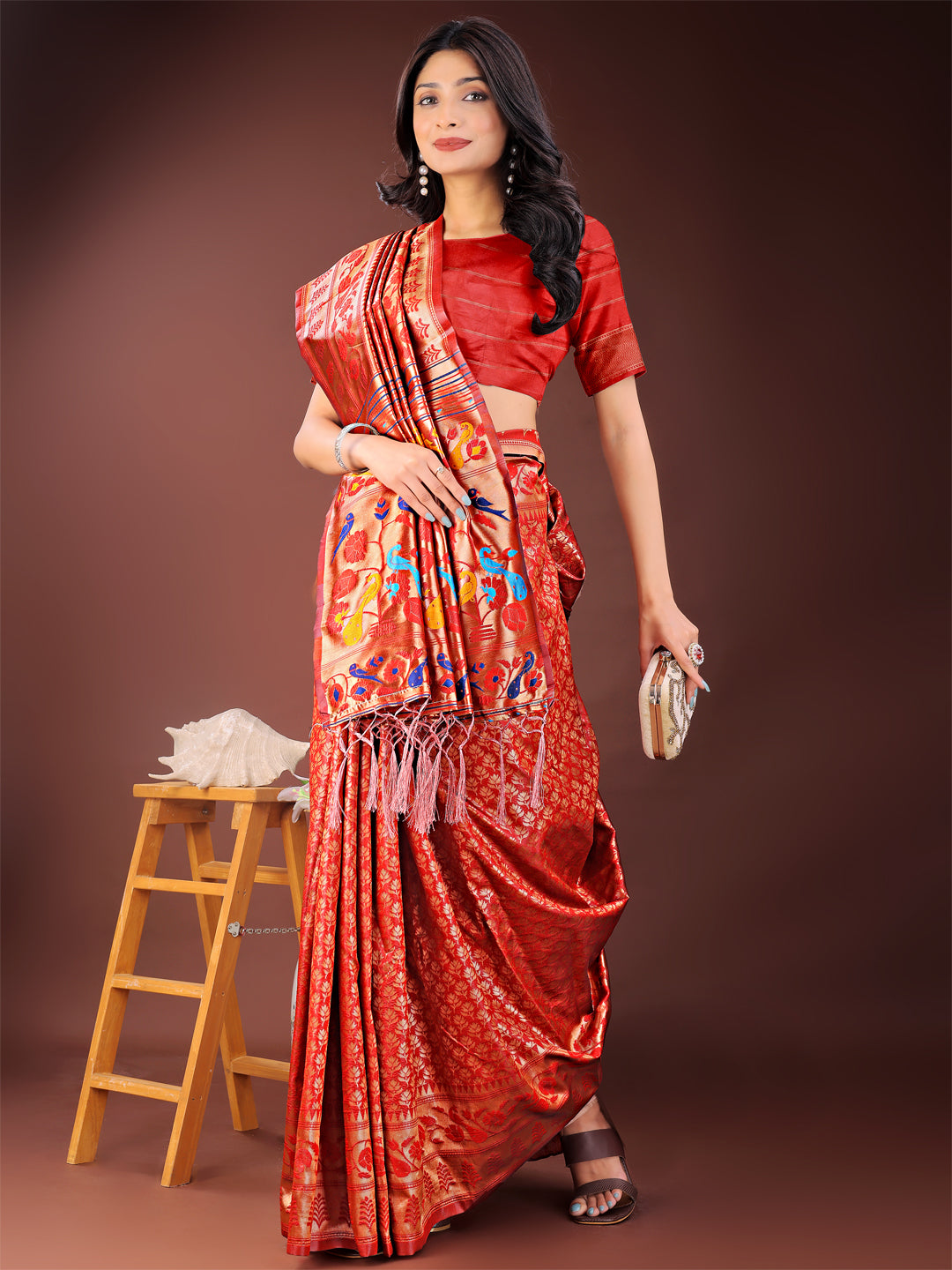 Astita Vibrant Copper & Red Banarasi Silk Saree with Colorful Pallu – Perfect Blend of Tradition and Festive Elegance