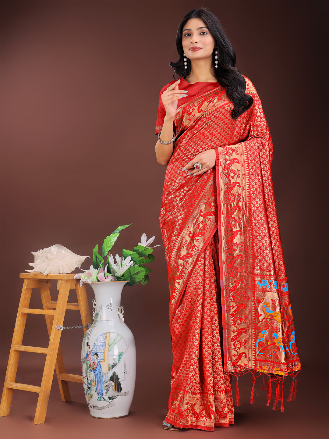 Astita Fiery Red Banarasi Silk Saree with Gold Zari and Colorful Pallu – Perfect for Bridal, Wedding & Festive Glamour