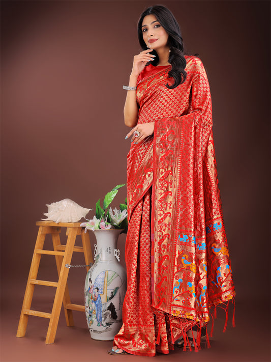 Astita Fiery Red Banarasi Silk Saree with Gold Zari and Colorful Pallu – Perfect for Bridal, Wedding & Festive Glamour
