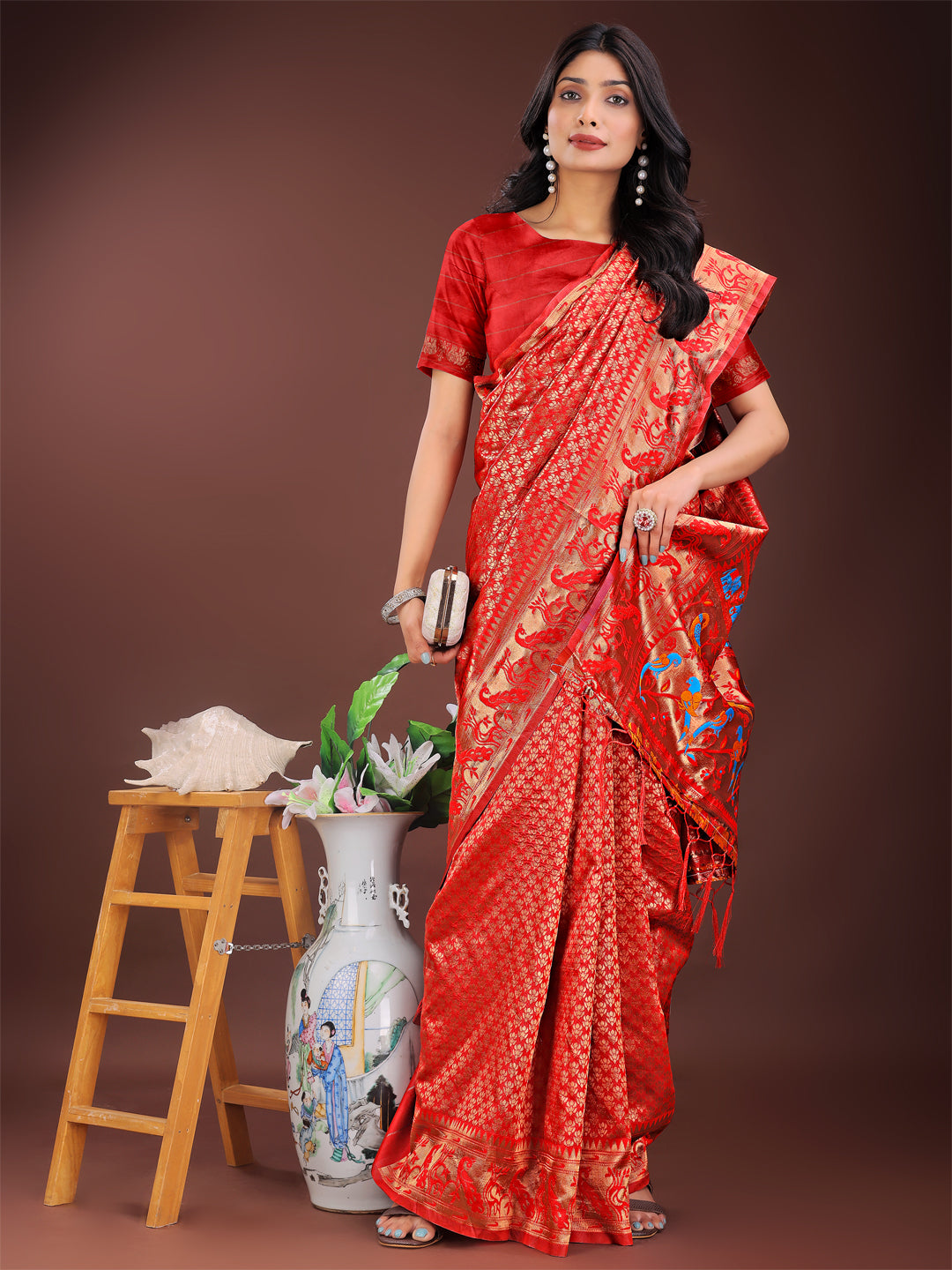 Astita Fiery Red Banarasi Silk Saree with Gold Zari and Colorful Pallu – Perfect for Bridal, Wedding & Festive Glamour