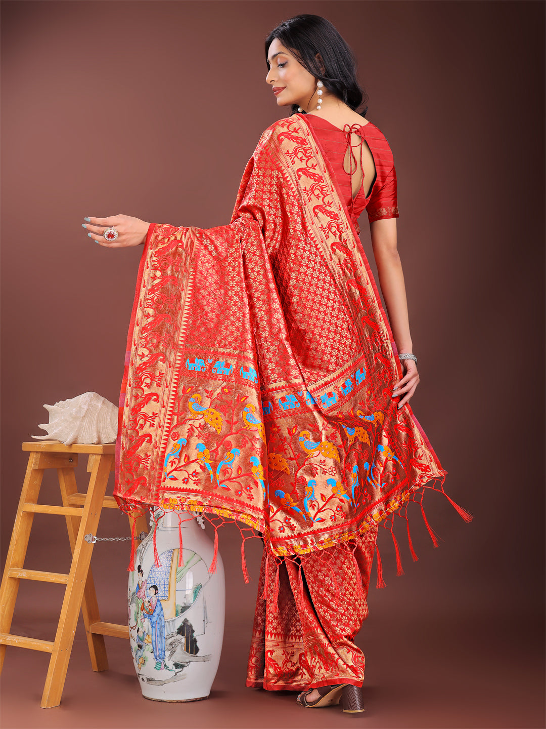 Astita Fiery Red Banarasi Silk Saree with Gold Zari and Colorful Pallu – Perfect for Bridal, Wedding & Festive Glamour