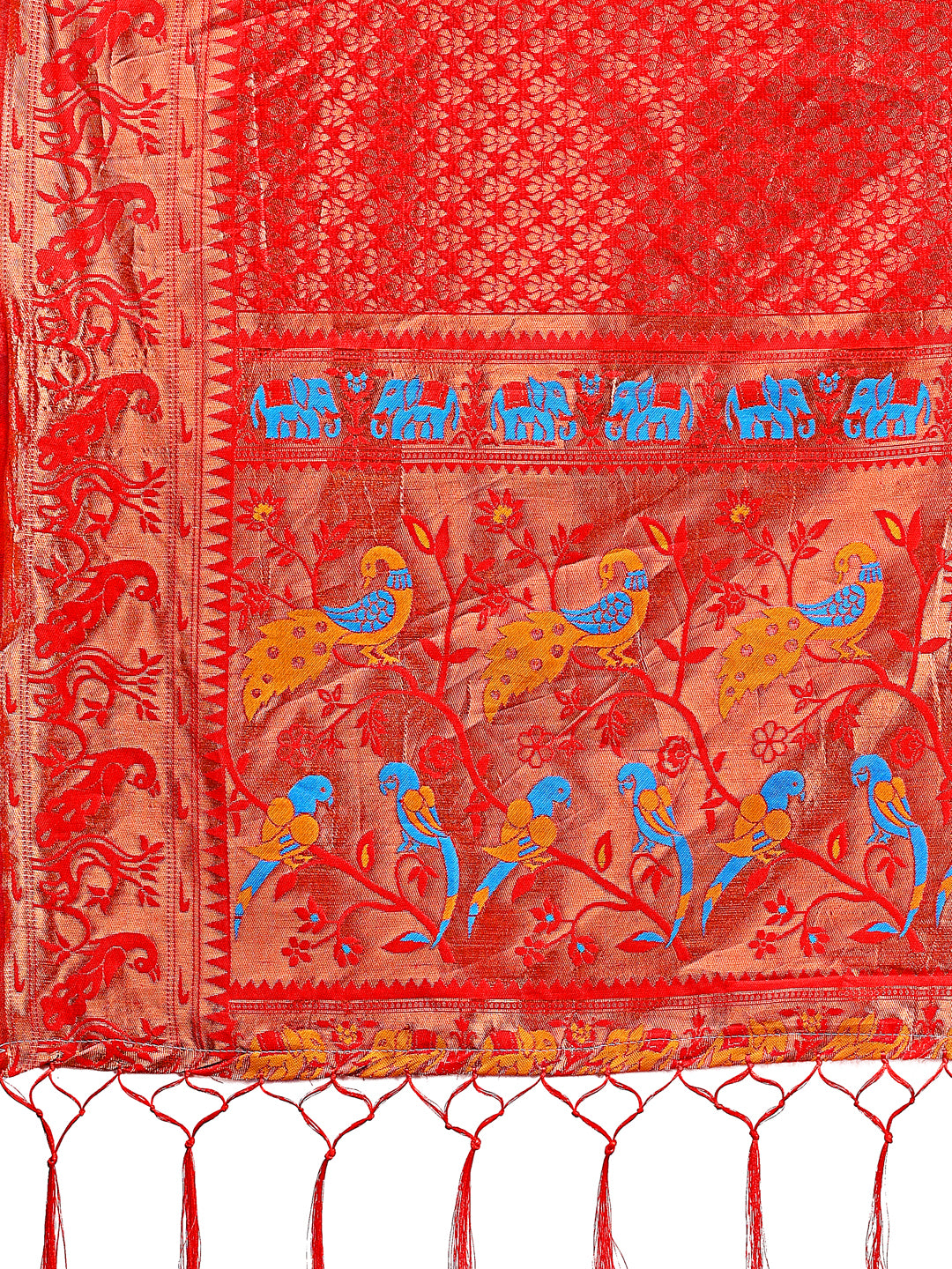 Astita Fiery Red Banarasi Silk Saree with Gold Zari and Colorful Pallu – Perfect for Bridal, Wedding & Festive Glamour