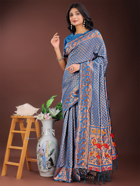 Astita Fiery Blue Banarasi Silk Saree with Gold Zari and Colorful Pallu – Perfect for Bridal, Wedding & Festive Glamour