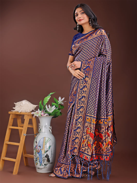 Astita Fiery Navy Blue Banarasi Silk Saree with Gold Zari and Colorful Pallu – Perfect for Bridal, Wedding & Festive Glamour