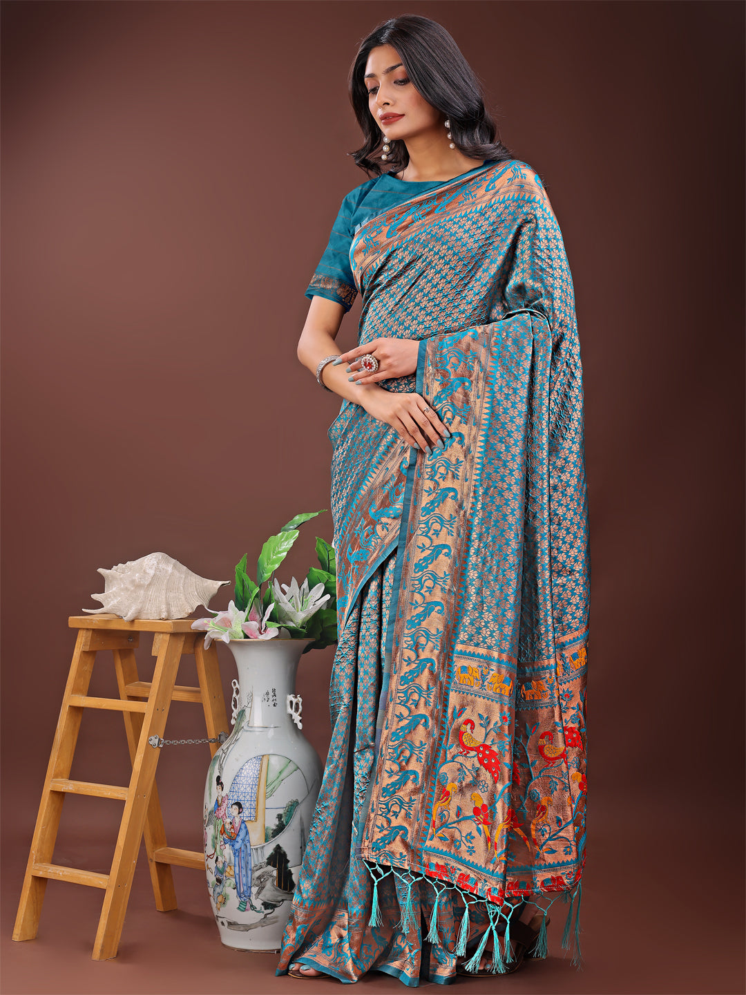 Astita Fiery Sea Green Banarasi Silk Saree with Gold Zari and Colorful Pallu – Perfect for Bridal, Wedding & Festive Glamour