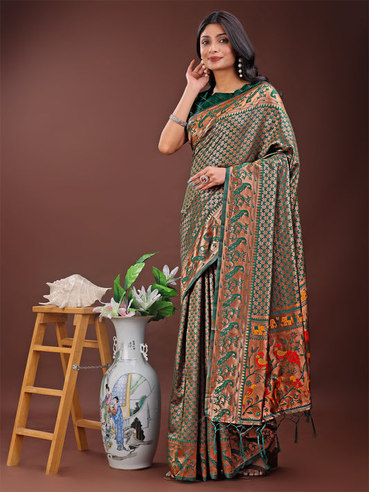Astita Fiery Green Banarasi Silk Saree with Gold Zari and Colorful Pallu – Perfect for Bridal, Wedding & Festive Glamour