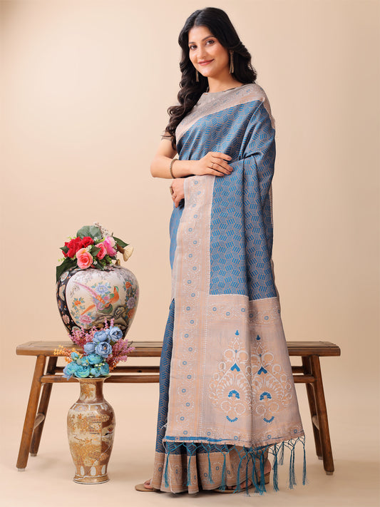 Astita Graceful Blue & Beige Lichi Silk Saree with Elegant Woven Pallu – Timeless Beauty for Every Occasion