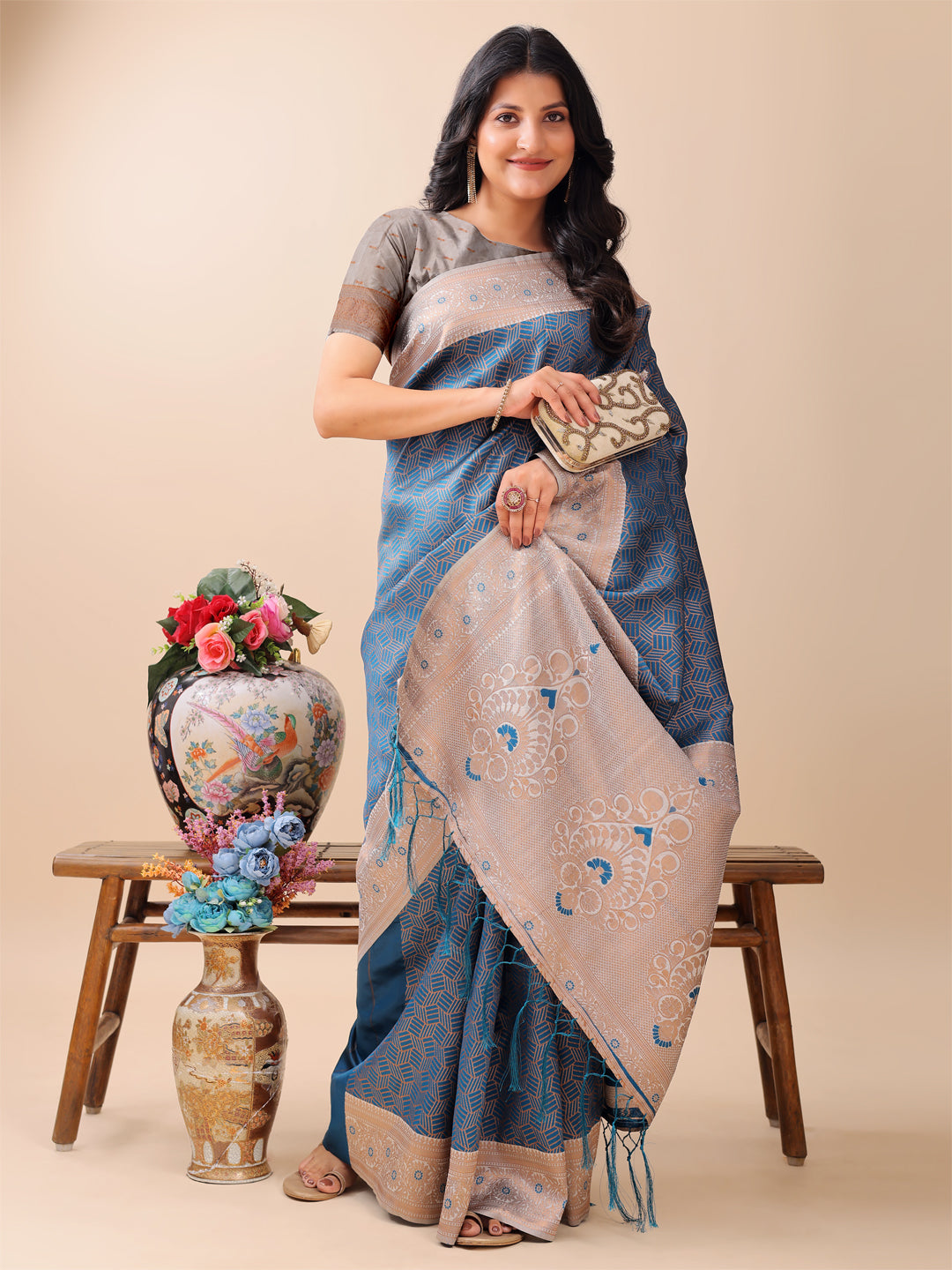 Astita Graceful Blue & Beige Lichi Silk Saree with Elegant Woven Pallu – Timeless Beauty for Every Occasion