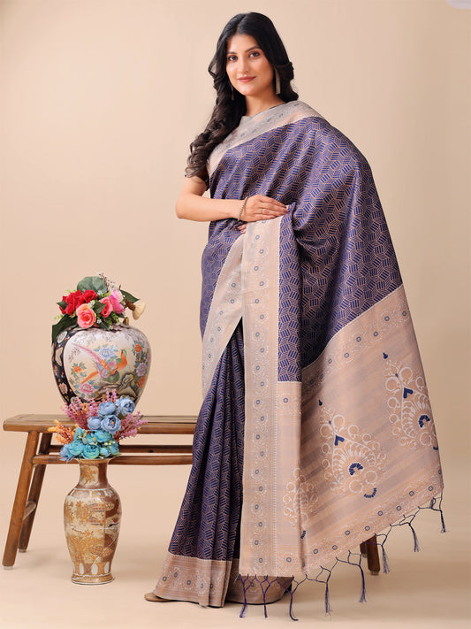 Astita Graceful Navy Blue & Beige Lichi Silk Saree with Elegant Woven Pallu – Timeless Beauty for Every Occasion