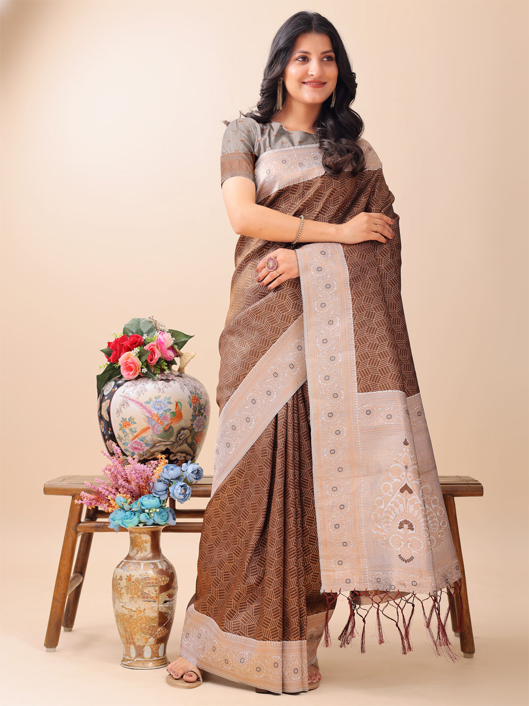 Astita Graceful Brown & Beige Lichi Silk Saree with Elegant Woven Pallu – Timeless Beauty for Every Occasion