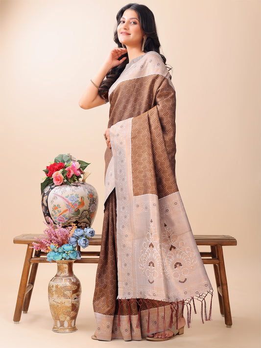 Astita Graceful Brown & Beige Lichi Silk Saree with Elegant Woven Pallu – Timeless Beauty for Every Occasion