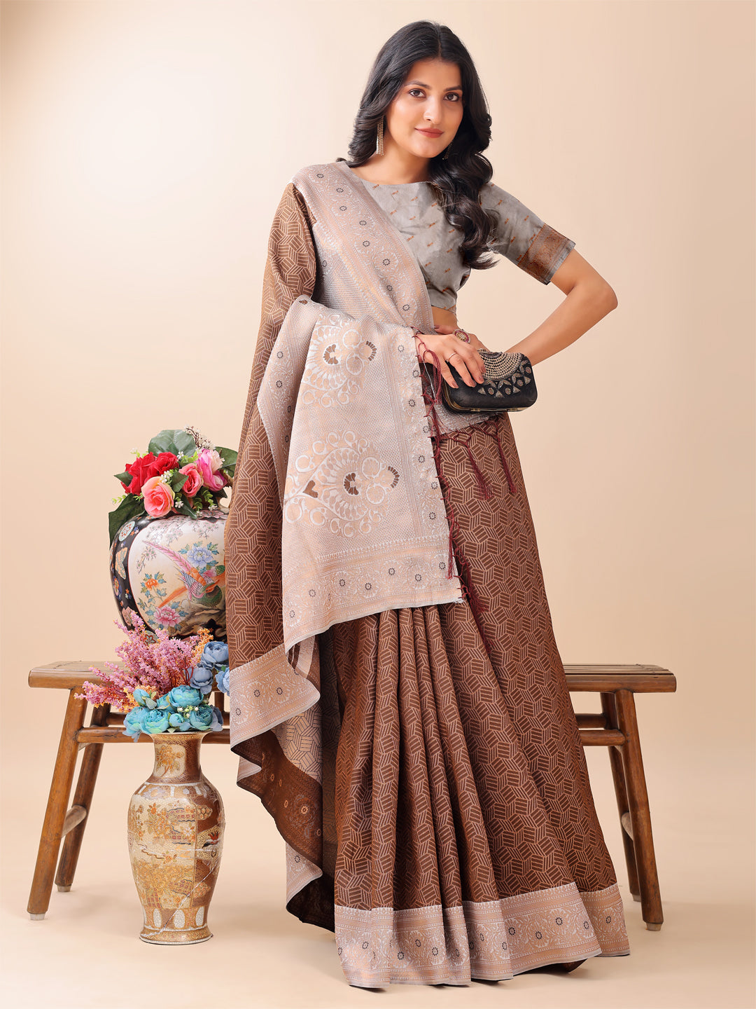 Astita Graceful Brown & Beige Lichi Silk Saree with Elegant Woven Pallu – Timeless Beauty for Every Occasion